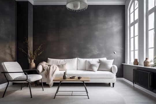interior background render green contemporary living room scandinavian modern pillow white white style decor. Generative AI.
