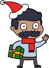 line drawing of a man with mustache and christmas present wearing santa hat