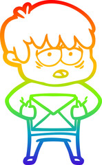 rainbow gradient line drawing cartoon exhausted boy with letter