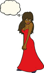 cartoon pretty woman in dress with thought bubble