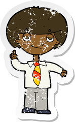 retro distressed sticker of a cartoon school boy answering question