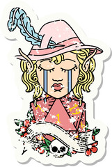 crying elf bard character face with natural one d20 dice roll grunge sticker