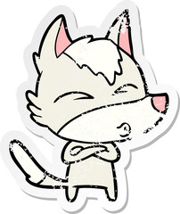 distressed sticker of a cartoon wolf whistling