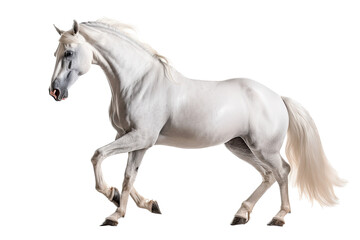 Naklejka na ściany i meble an isolated white quarter horse running, side view portrait, equestrian-themed photorealistic illustration on a transparent background cutout in PNG, Generative AI