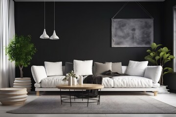 interior background space sofa room contemporary decoration dark floor stylish. Generative AI.