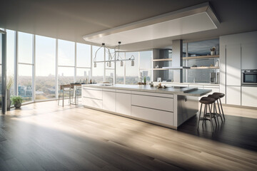 Fototapeta premium Spacious kitchen in modern style, brightly lit by the sun. AI Genarated