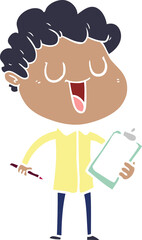 laughing flat color style cartoon man with clipboard and pen