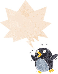 cartoon frightened penguin and speech bubble in retro textured style