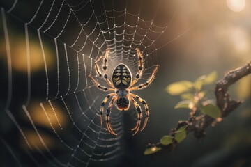 close up of spider spinning web blurred background created with Generative AI technology