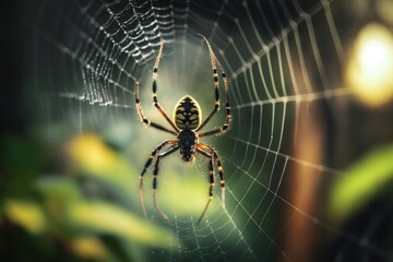close up of spider spinning web blurry back lit background created with Generative AI technology