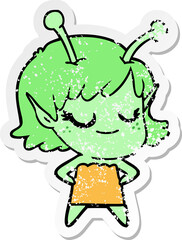 distressed sticker of a smiling alien girl cartoon