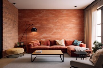 interior background modern stylish floor trendy simple furniture light lounge green orange living. Generative AI.