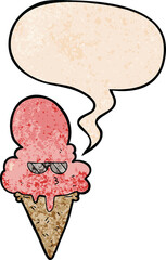 cartoon cool ice cream and speech bubble in retro texture style