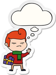 cartoon cool guy with fashion hair cut and thought bubble as a printed sticker