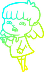 cold gradient line drawing cartoon worried woman