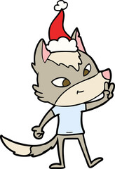 friendly line drawing of a wolf giving peace sign wearing santa hat