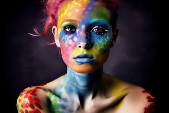 Woman front on to camera with rainbow coloured hair and colourful paint running down her front. Generative Ai.