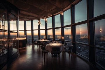 Fototapeta premium Restaurant with a panoramic view of the night city. AI Generated