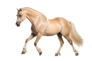 Naklejka na ściany i meble an isolated palomino horse running, jumping, side view portrait, equestrian-themed photorealistic illustration on a transparent background cutout in PNG, Generative AI