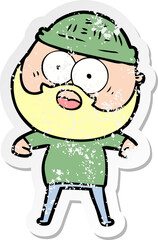 distressed sticker of a cartoon surprised bearded man