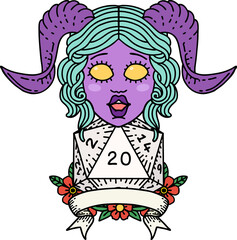 tiefling with natural 20 D20 roll illustration