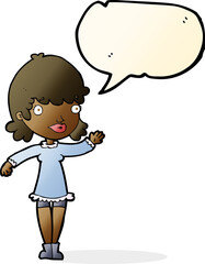 cartoon woman waving with speech bubble