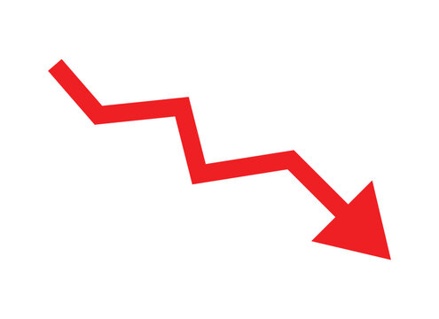 Red arrow going down stock icon on white background. Decrease, Bankruptcy, financial market crash icon for your web site design, logo, app, UI. graph chart downtrend symbol.chart going down sign.	