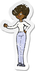 retro distressed sticker of a cartoon woman waving