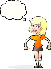 cartoon woman shrugging shoulders with thought bubble