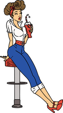 traditional tattoo of a pinup girl drinking a milkshake