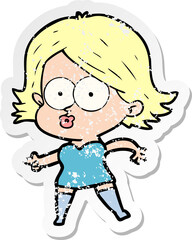 distressed sticker of a cartoon girl pouting