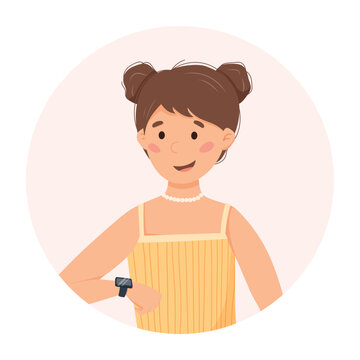 Young cheerful girl looking at the screen of a smart watch on her wrist. Vector flat illustration of people using a modern device.