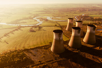 Aerial Photo Of Thermal Power Plant. Power station with cooling towers. Aerial view of the the...