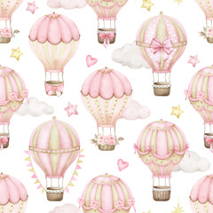Pink hot air balloons seamless pattern. - 586672332