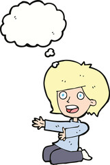 cartoon shocked woman on knees with thought bubble