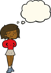 cartoon pleased woman with thought bubble