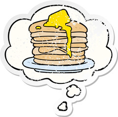 cartoon stack of pancakes and thought bubble as a distressed worn sticker