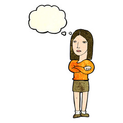 cartoon woman with folded arms with thought bubble