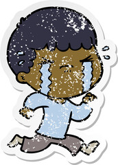 distressed sticker of a cartoon man crying