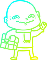cold gradient line drawing cartoon nervous man with xmas present