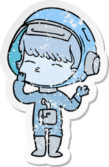 distressed sticker of a cartoon curious astronaut wondering