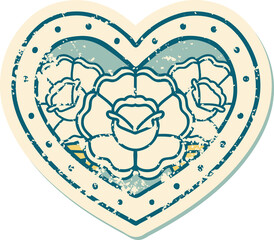 distressed sticker tattoo style icon of a heart and flowers