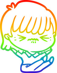 Fototapeta na wymiar rainbow gradient line drawing annoyed cartoon girl falling over