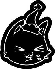 spitting cartoon icon of a cat face wearing santa hat