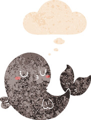 cute cartoon whale and thought bubble in retro textured style