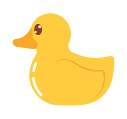 Cute yellow duckling swimming in blue water