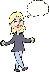 cartoon woman with no worries with thought bubble