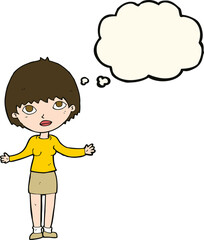 cartoon woman shrugging  with thought bubble