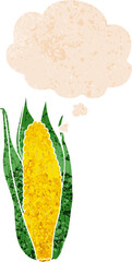 cartoon corn and thought bubble in retro textured style