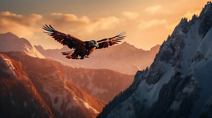 majestic eagle soaring over a snow-capped mountain range during sunrise